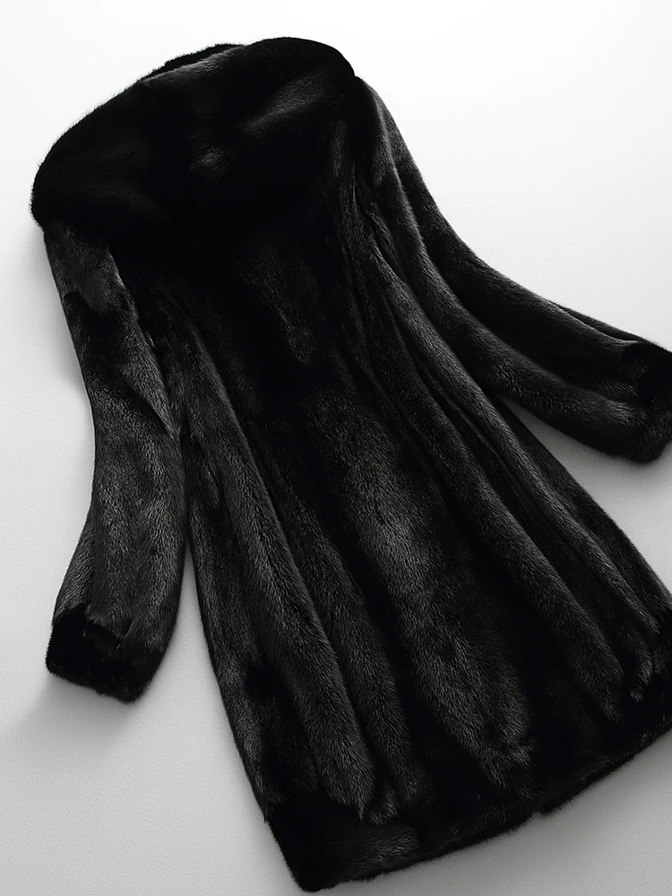 Winter Luxury Long Black Faux Mink Fur Coat Women with Hood Long Sleeve Elegant Thick Warm Fluffy Furry Jacket 6xl 7xl