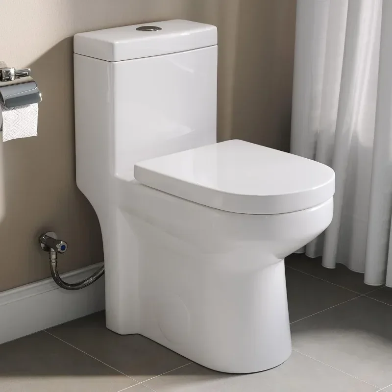 Small Compact One Piece Toilet for Bathroom, Powerful & Quiet Dual Flush Modern Toilet