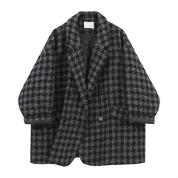 Houndstooth Woolen Coat Women's Autumn and Winter 2022 New Quilted Thickened Korean Version Loose Mid-length Woolen Coat Commute