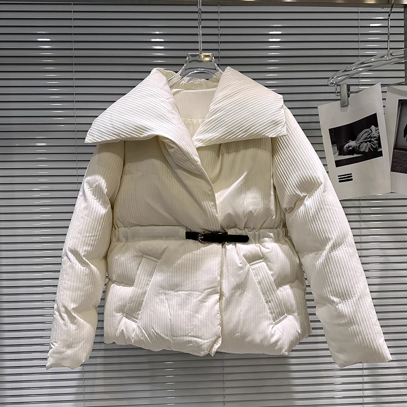 2025 inverno nuovo stile solido a righe grande bavero colletto fibbia vita calore giacca di cotone donna cappotto stile dritto allentato