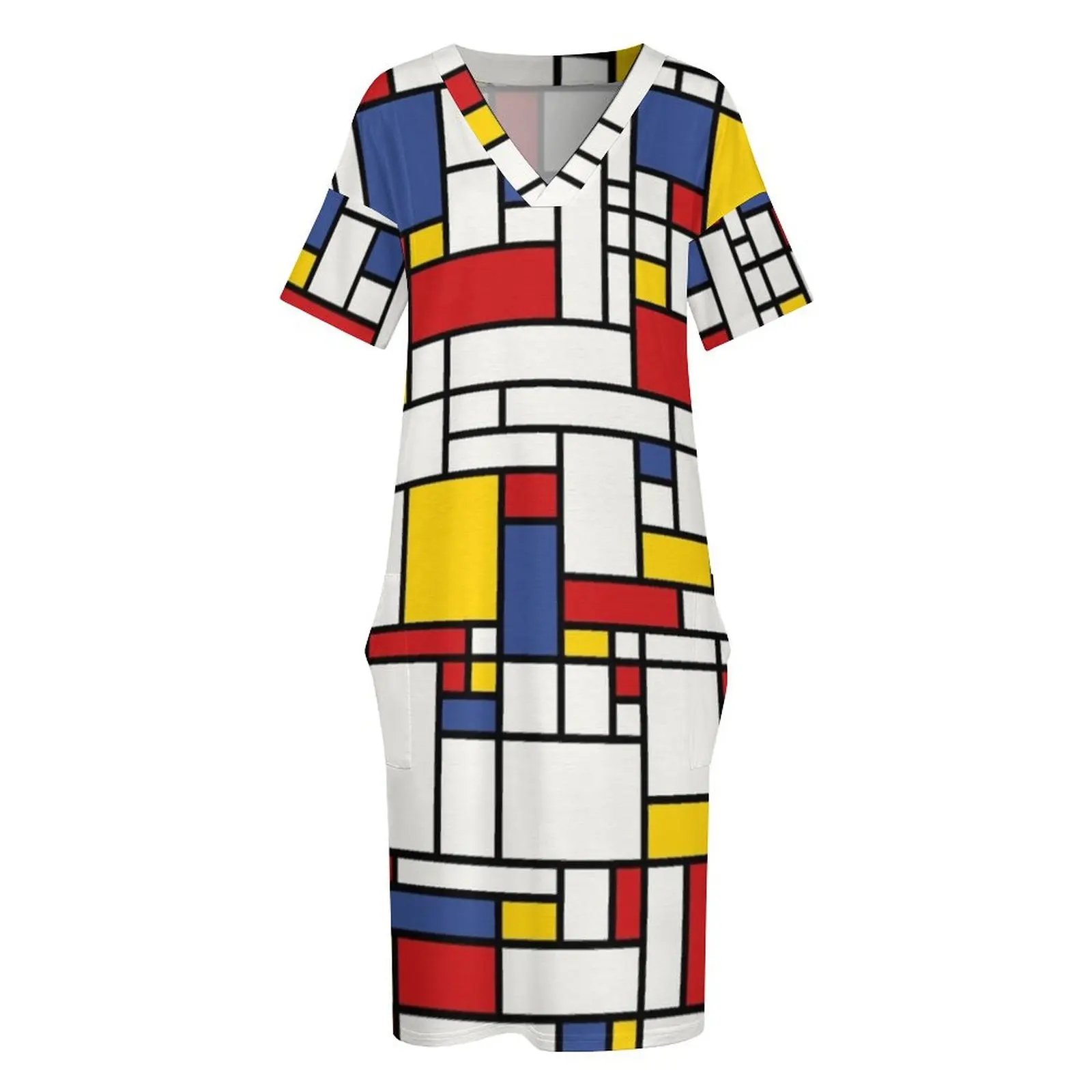 Piet Mondrian Abstract Pop Art 1960s Red Blue Yellow Rectangles Loose Pocket Dress Dance dresses loose women