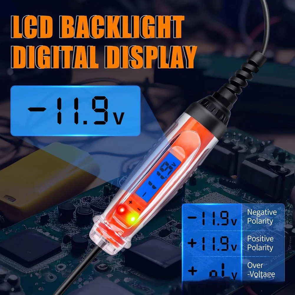 1V-75V Digital Circuit Tester for Automotive Use Featuring LCD Display LED Polarity Indicators and Low Light Visibility