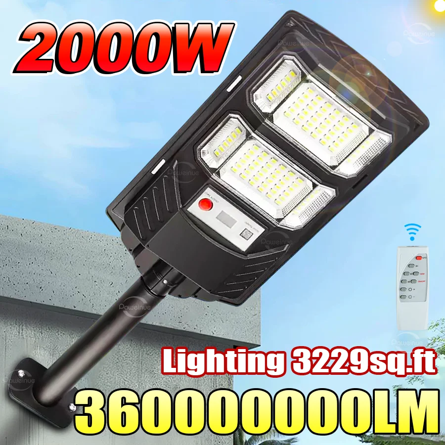Mocna lampa solarna LED 20000W z czujnikiem ruchu, zewnętrzna lampa solarna ścienna z pilotem, wodoodporna IPX67, do garażu i ogrodu, super jasne, słoneczne lampy uliczne LED na zewnątrz