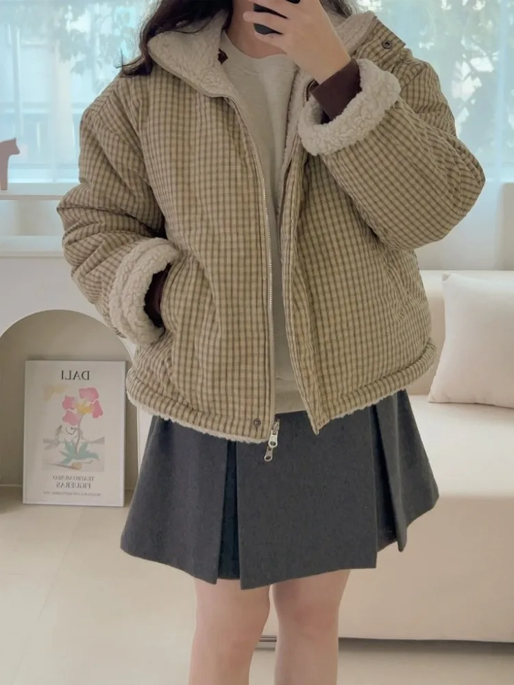 

Retro Lamb Fur Cotton Jaet Women's Winter Thiened ort Zipper Cotton Coat Campus Street Sle Commute Travel Casual