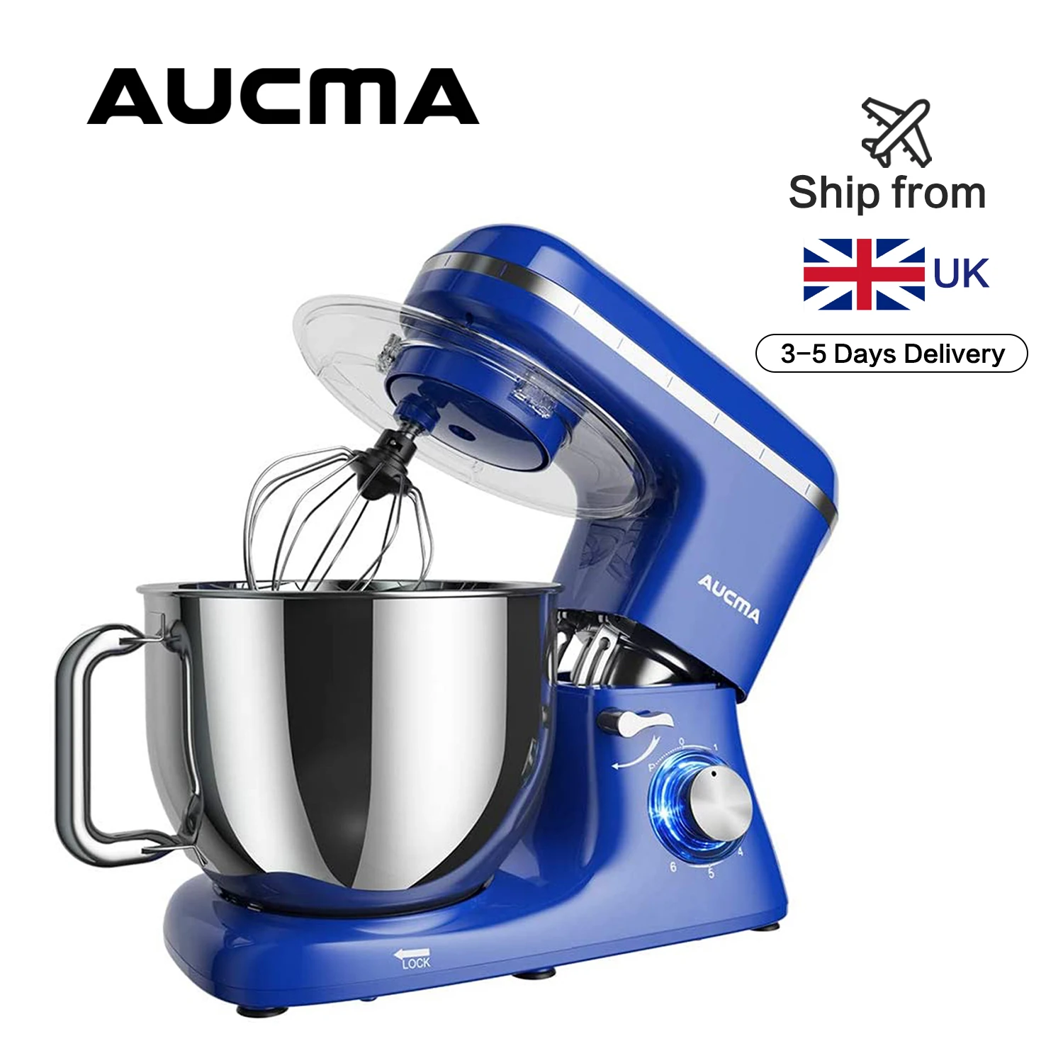 Aucma Stand Mixer 7L Tilt-Head 6 Speed Electric Kitchen Mixer with Dough Hook Wire Whip & Beater 1400W Royal Blue