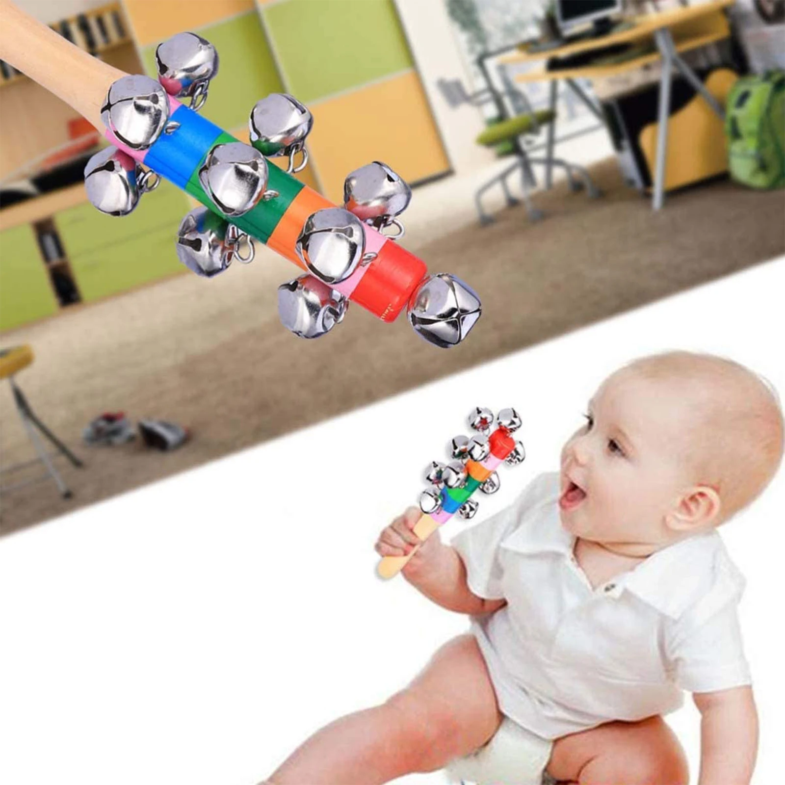 Hand Sleigh Bells Rainbow Wood Handle Kids Bell, Preschool Education Musical Toy