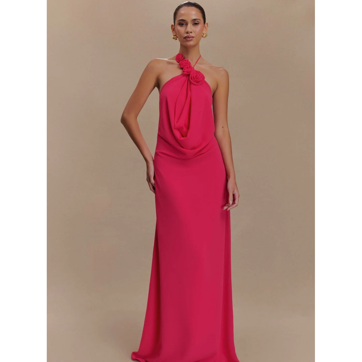 

Summer New Red Hanging Neck Flower Backless Comfortable Long Sexy Women's Dress Pure Desire Sensual Knitted Fabric Gown