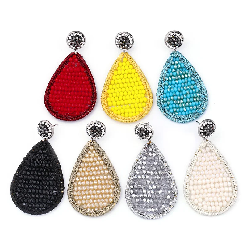 FLOLA  Black Beaded Earrings for Woman Boho Teardrop grote Earring Beads Ethnic Jewelry Statement Glitter Oorbellen ersp26