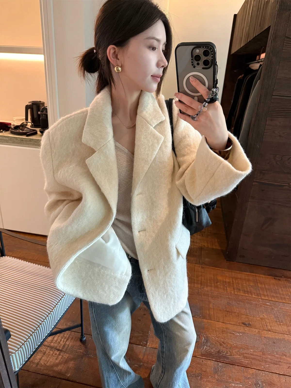 Thickened Winter White Woolen Coat for Women 2025 New Style Small Size Unique Beautiful Cleanfit Polyester Fiber No Ironing N...
