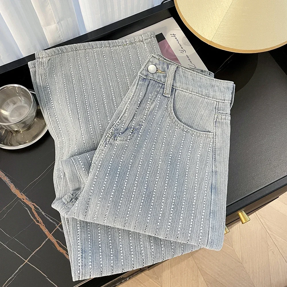 

Korean shiny hot diamond temperament high waisted straight tube loose and slimming narrow version wide leg denim pants for women