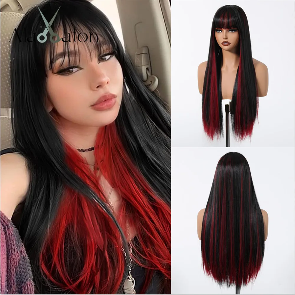 ALAN EATON Black Red Highlight Synthetic Wigs Long Silk Straight Wig with Bangs Smooth Soft Daily Party Hair Heat Resistant Wig