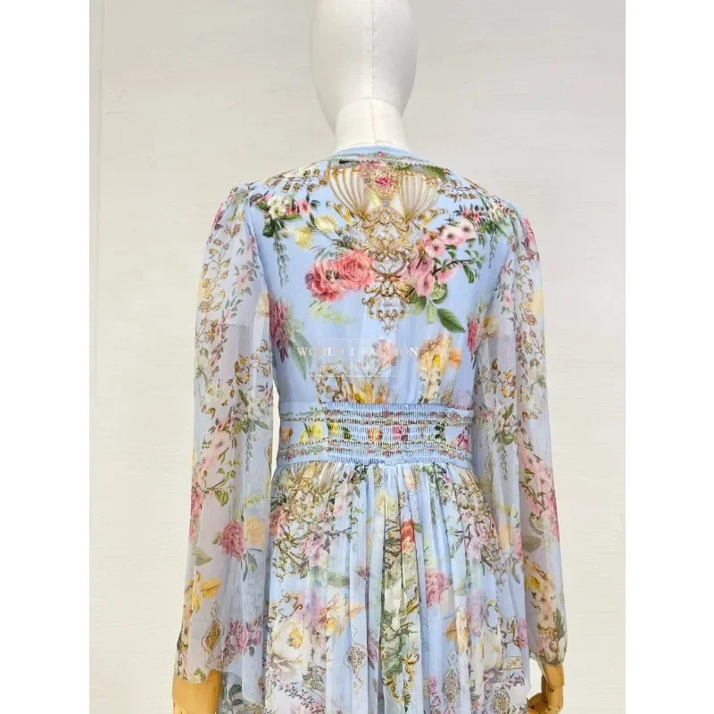 2025 New Style High Quality Silk Blue Rose Floral Print Long Sleeve Loose Midi Dress for Holiday