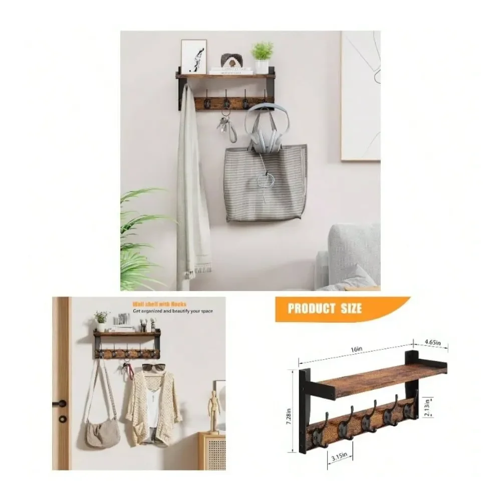 

Hooks With Shelf, Wood Coat Rack With Shelf Wall Mounted, Entryway Hanging Shelves With 5 Metal Hooks Clothes Hats Towel Purse