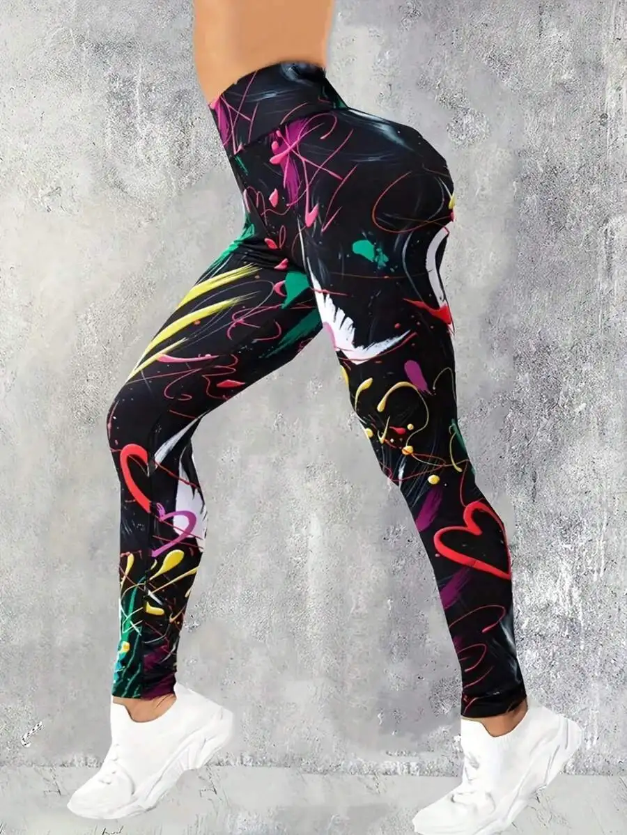 

High Waist Graffiti Print Yoga Leggings For Women Butt Lifting Slim Fit Sports Pants