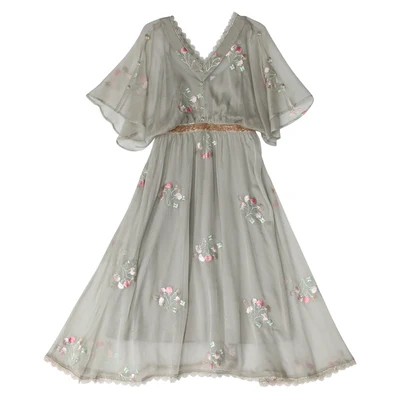 Summer Original Design Women Mori Kei Sweet Floral Embroidery Beading Vintage V-neck Grey Dresses