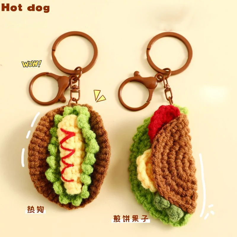 Fashion Handmade Knitted Food Keyring Crocheted Wool Hot Dog Pancake Pendants Keychain Friends Car Handbag Keyfob Charms Gifts