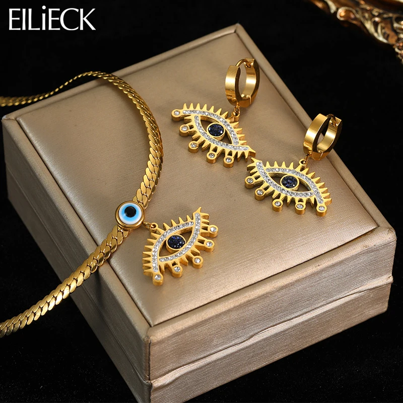 EILIECK 316L Stainless Steel Eyelash Eyes Thick Chain Pendant Necklace Earrings For Women 2023 New Vintage Ladies Jewelry Sets