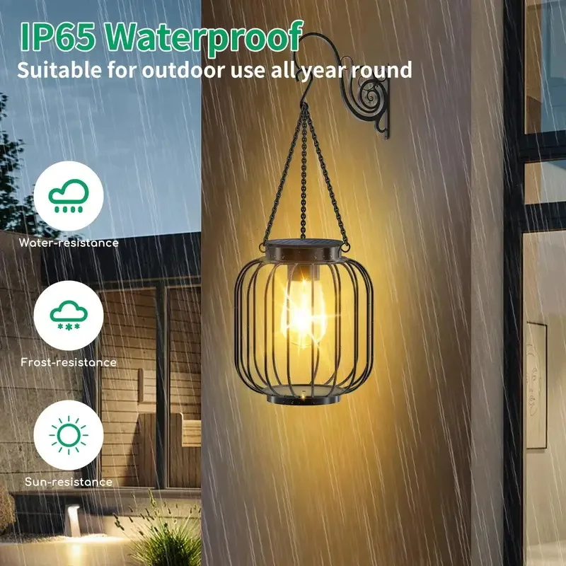Outdoor Garden Solar Decorative Light Retro Iron Hollow Out Hanging Chandelier for Patio Lawn Yard