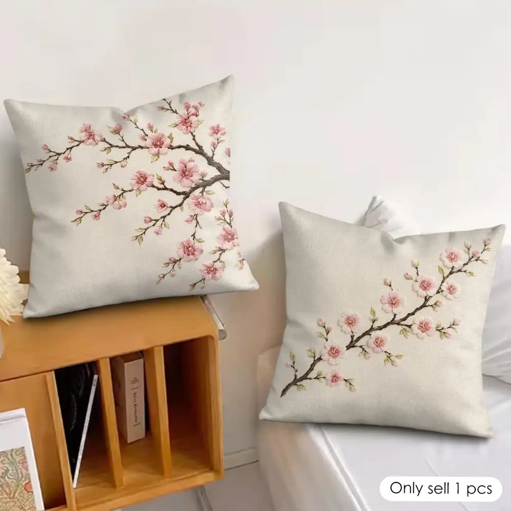 2D Oriental Sakura Floral Cherry Cushion Cover Silky Short Plush Invisible Zipper Dustproof Sofa Pillow Case For Home Decor