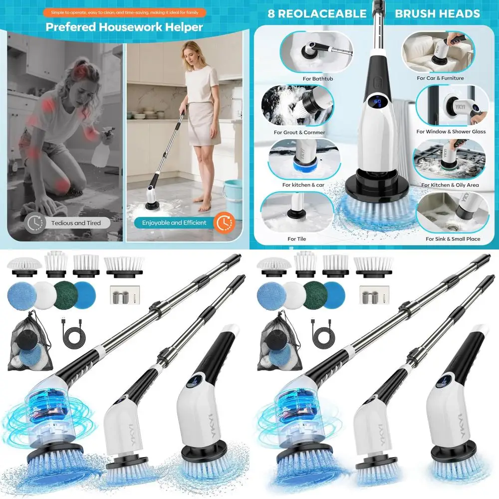 

Беспроводной скруббер для душа с 8 щеточками, 3-скоростная мощность, съемная длинная ручка, голосовое вещание