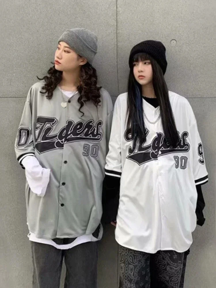 ADAgirl Baseball Oversize Blouse Women Streetwear Hip Hop Short Half Sleeve Shirts Girl Vintage Printed Korean Style Femme Tops