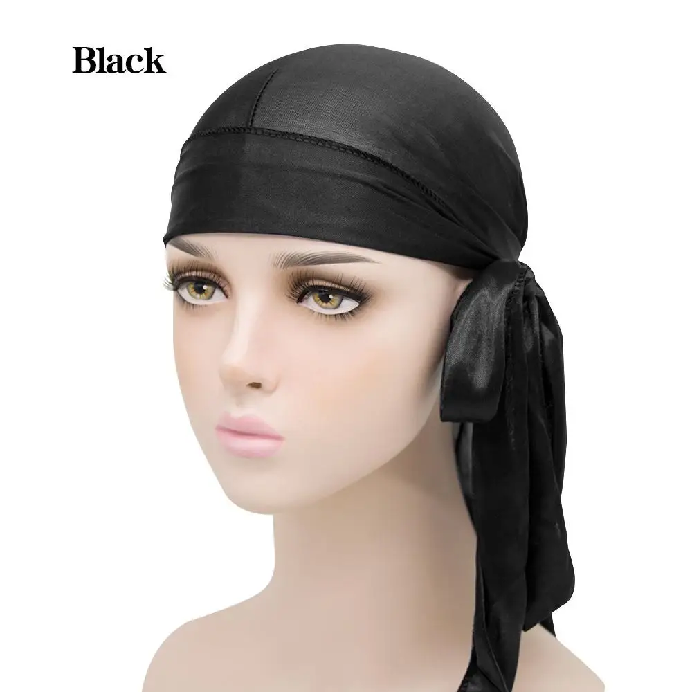 Mulheres bandanas turbante chapéu perucas doo masculino chapéu de turbante perucas de seda durags com cauda longa extra e tiras largas de seda durag para homens