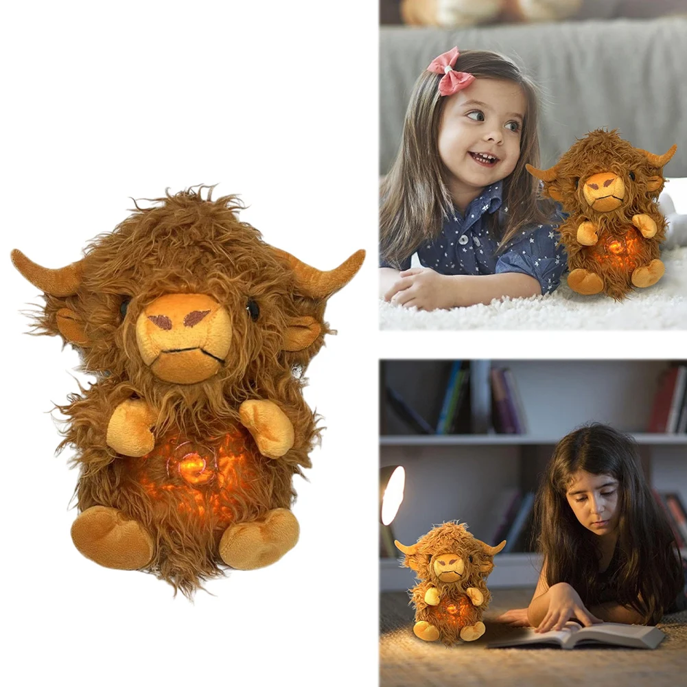 

Детская ритмичная игрушка для сна с дыхательными движениями и звуком: Мультяшная плюшевая корова Хайленд с функцией повторения звуков для успокоения