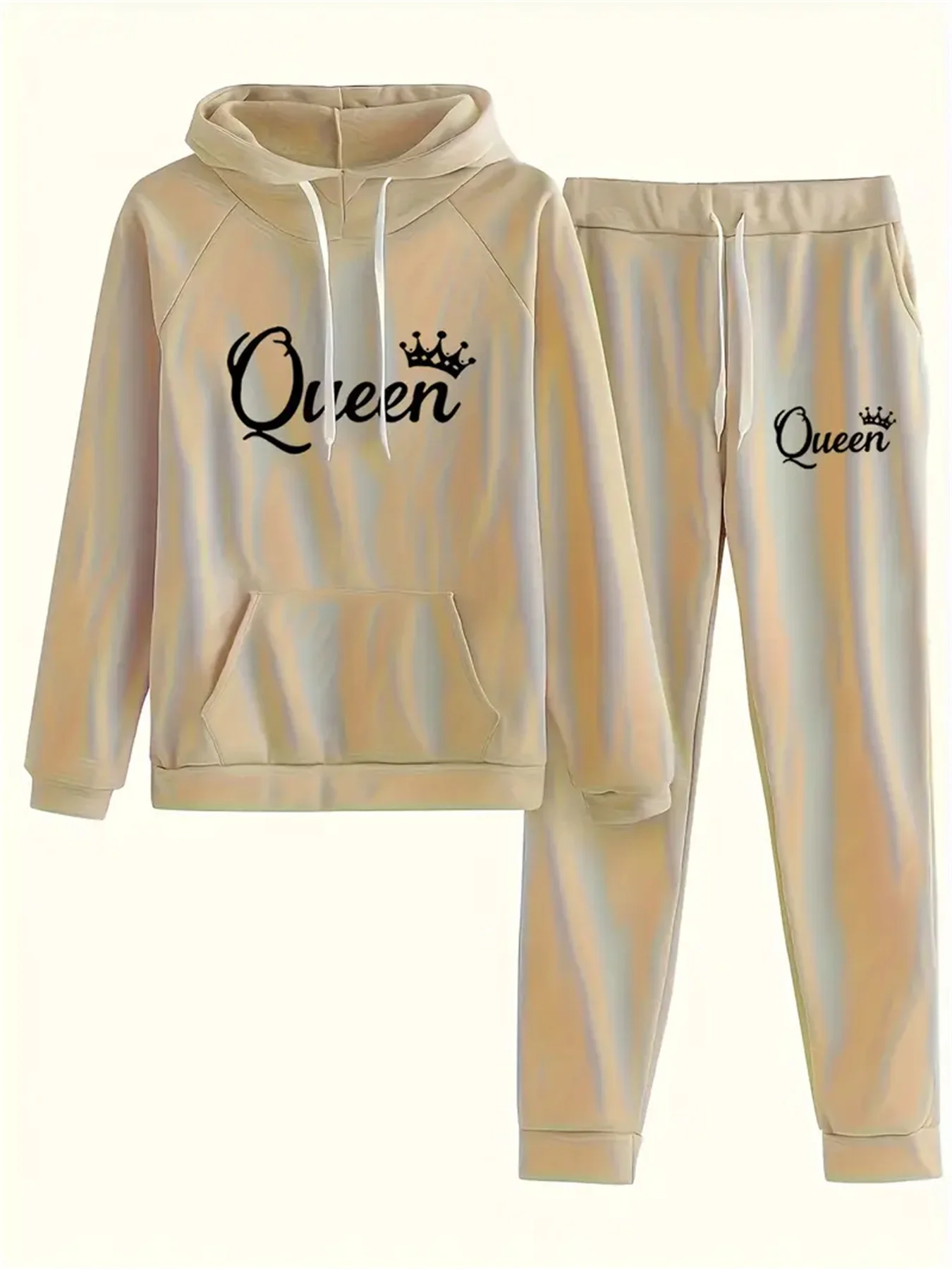 Damen Herbst/Winter Hoodie + Sporthose Set Hip Hop Street Casual Queen Print Mode Samt Warme Kleidung