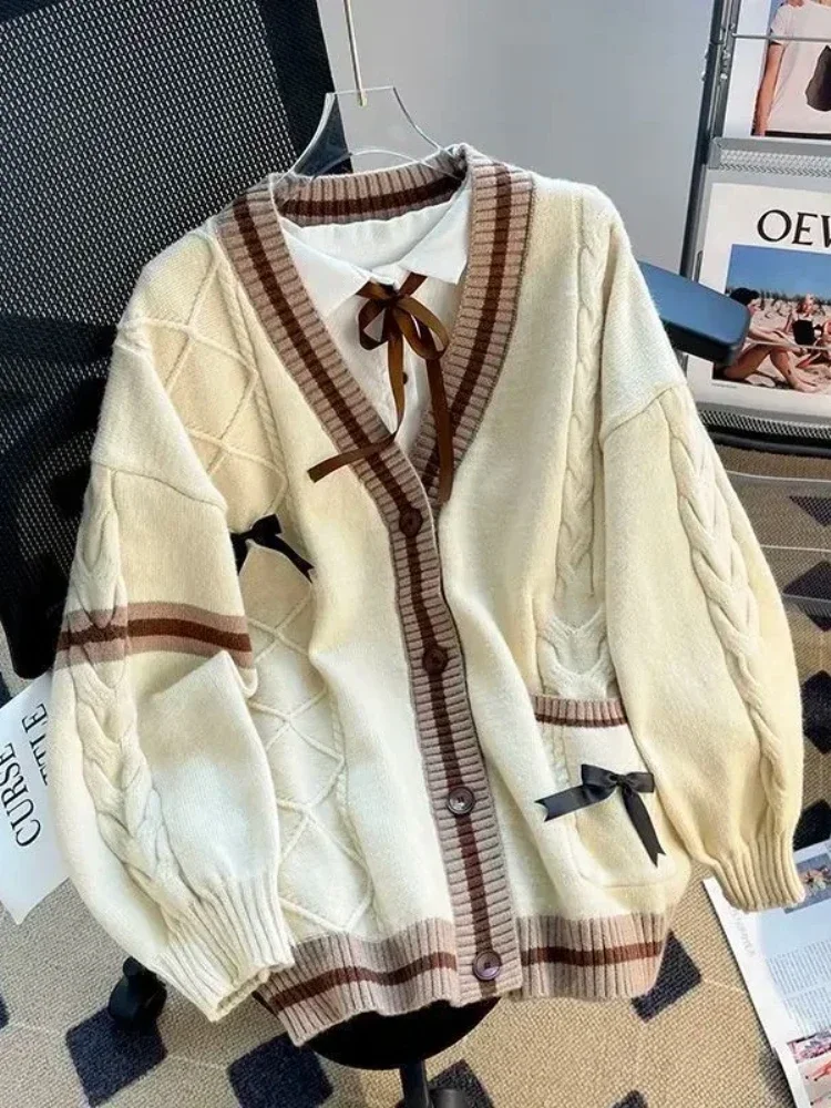 

Zjaiss женский вязаный кардиган с бантом Kawaii, милые кокетливые свитера, кардиган, японский консервативный стиль, трикотажные изделия в стиле Лолиты, джемперы JK