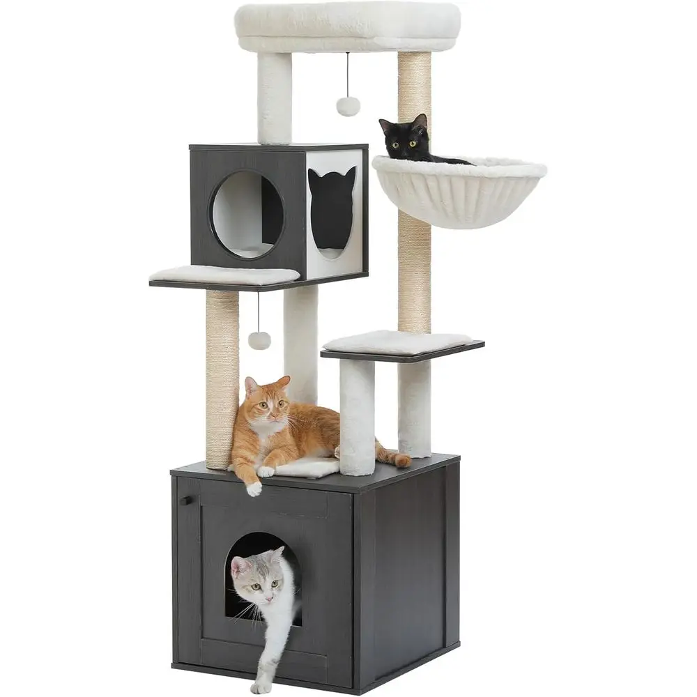 2-in-1 Wooden Cat Tower with Litter Box Enclosure, 57.5'' High Condo for Large Cats, Includes Scratching Posts, Hammock, and Bal