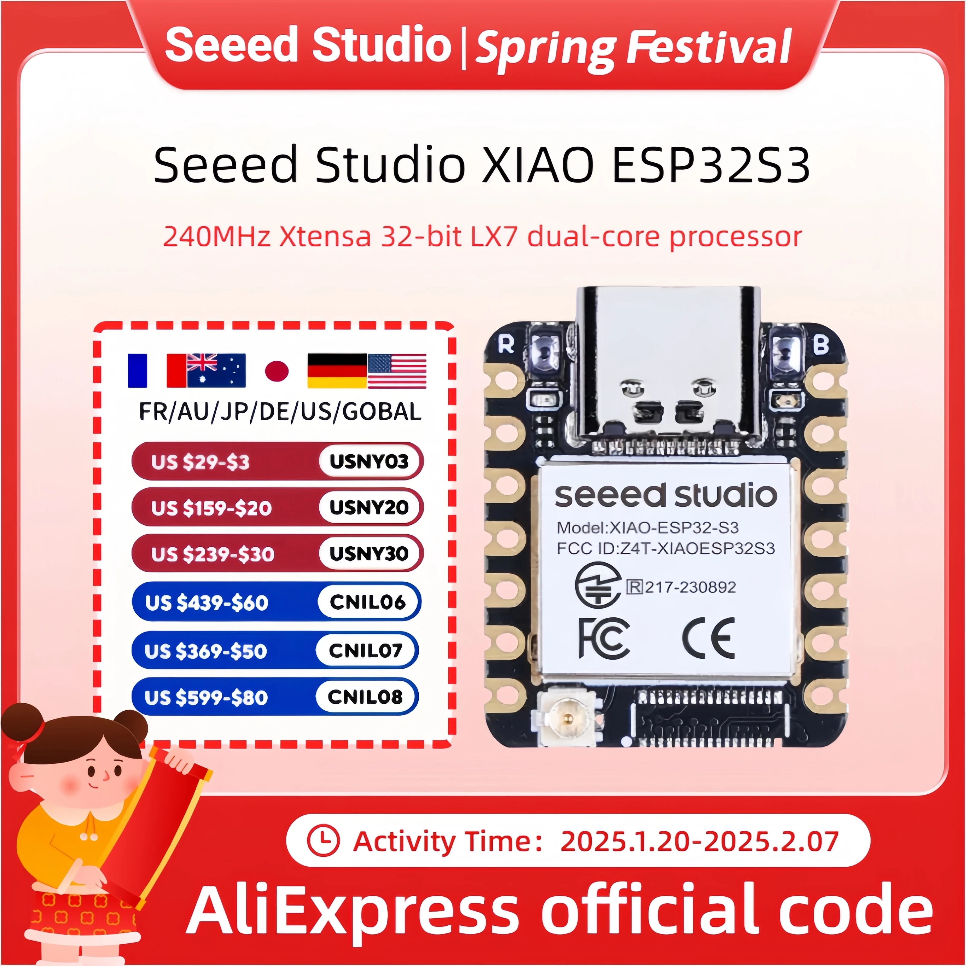 Seeed Studio XIAO ESP32S3-2.4GHz Wi-Fi, BLE 5.0, Dual-core, Battery Charge Supported, Power Efficiency and Rich Interface, Ideal