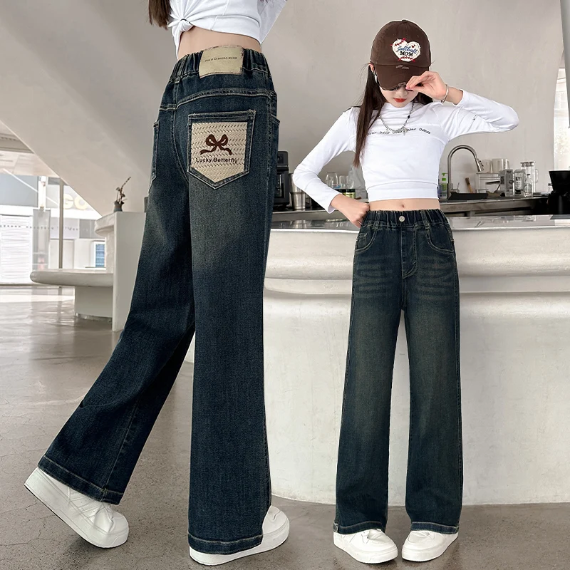 

Stylish Kids Girl Fashion Straight Jeans With Bow Pocket Elegant Tweens Child Casual Denim Pants Age 4 5 6 7 8 9 10 11 12 13 14Y