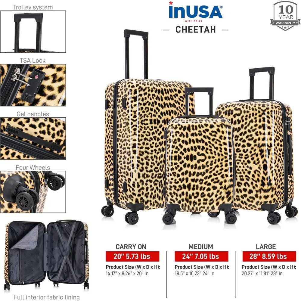 Lightweight Durable Hardside Spinner Luggage | Cheetah Print Suitcase with Handle and Trolley | Travel Bag for Long Trips