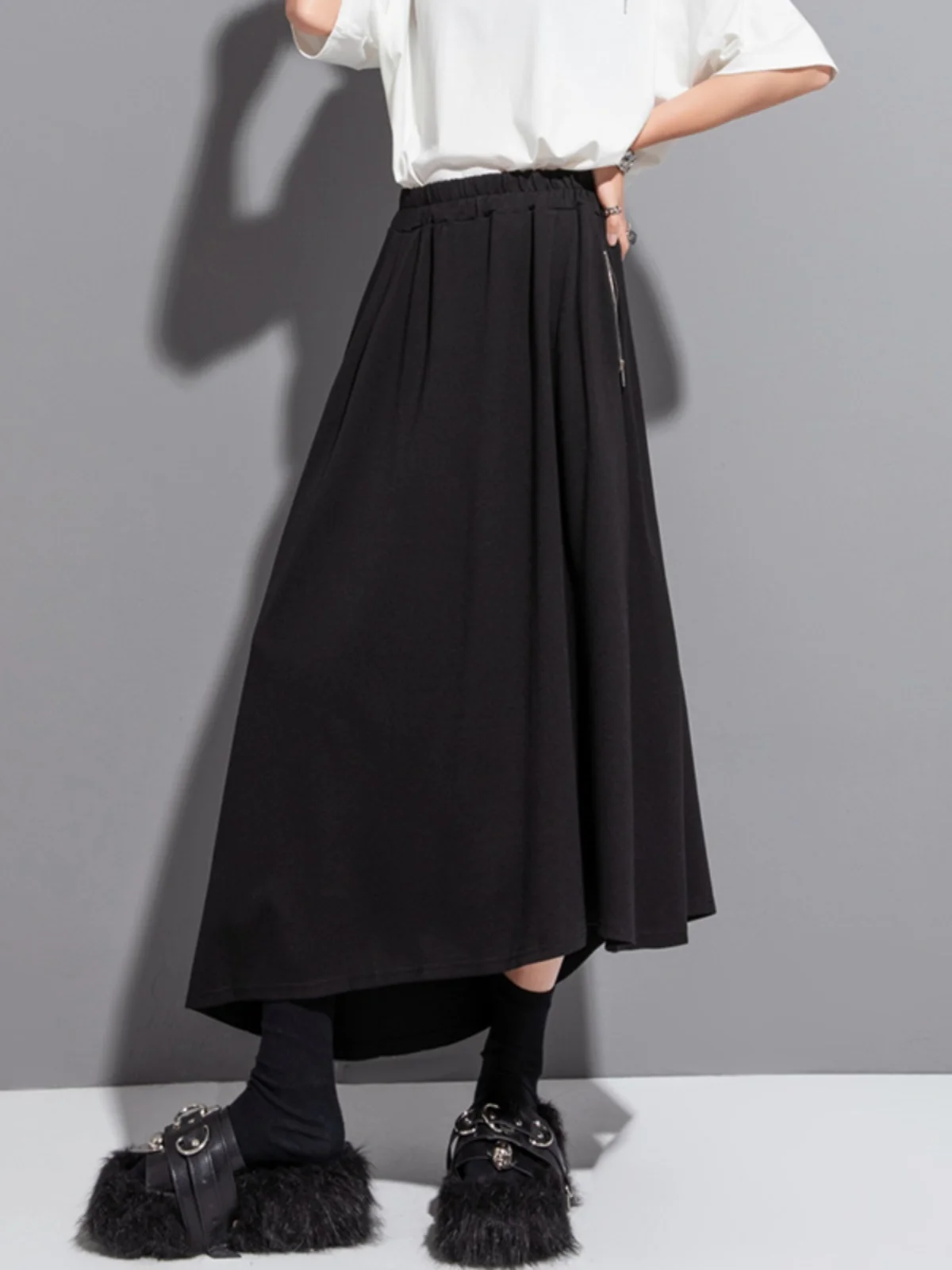 

Dark Mountain Style Women's Skirt Zipper Loose Waist Midi Skirt Asymmetrical Hem Punk Streetwear Pure Color A-Line Skirt