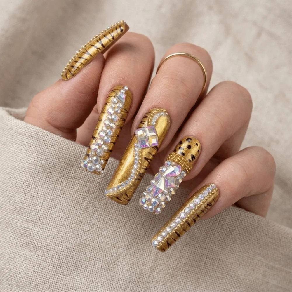 10pcs Long Cat Eye Nail Press on Acrylic Nail Reusable Gold Fake Nail Handmade Rhinestone Decorate Inverted Hook Style Manicure
