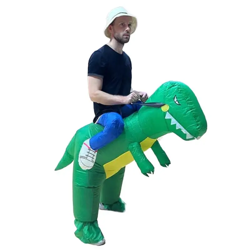 Grappige Groene Dinosaurus Rijden Opblaasbaar Cosplay Kostuum Unisex Voor Volwassen Halloween Carnaval Party Outdoor Speelgoed Verkleedoutfit