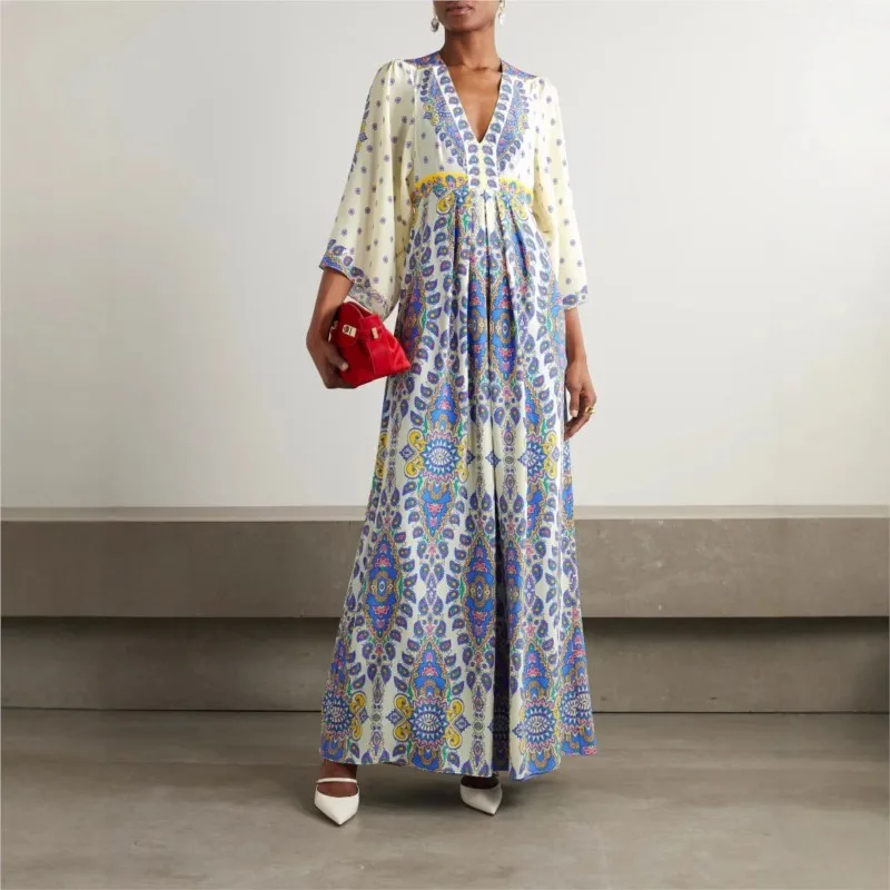 

2025 New Summer Woman Dress Casual Loose-Fit Printed Long-Sleeved Sexy V-Neck Maxi Dresses For Women Female Lady Robe