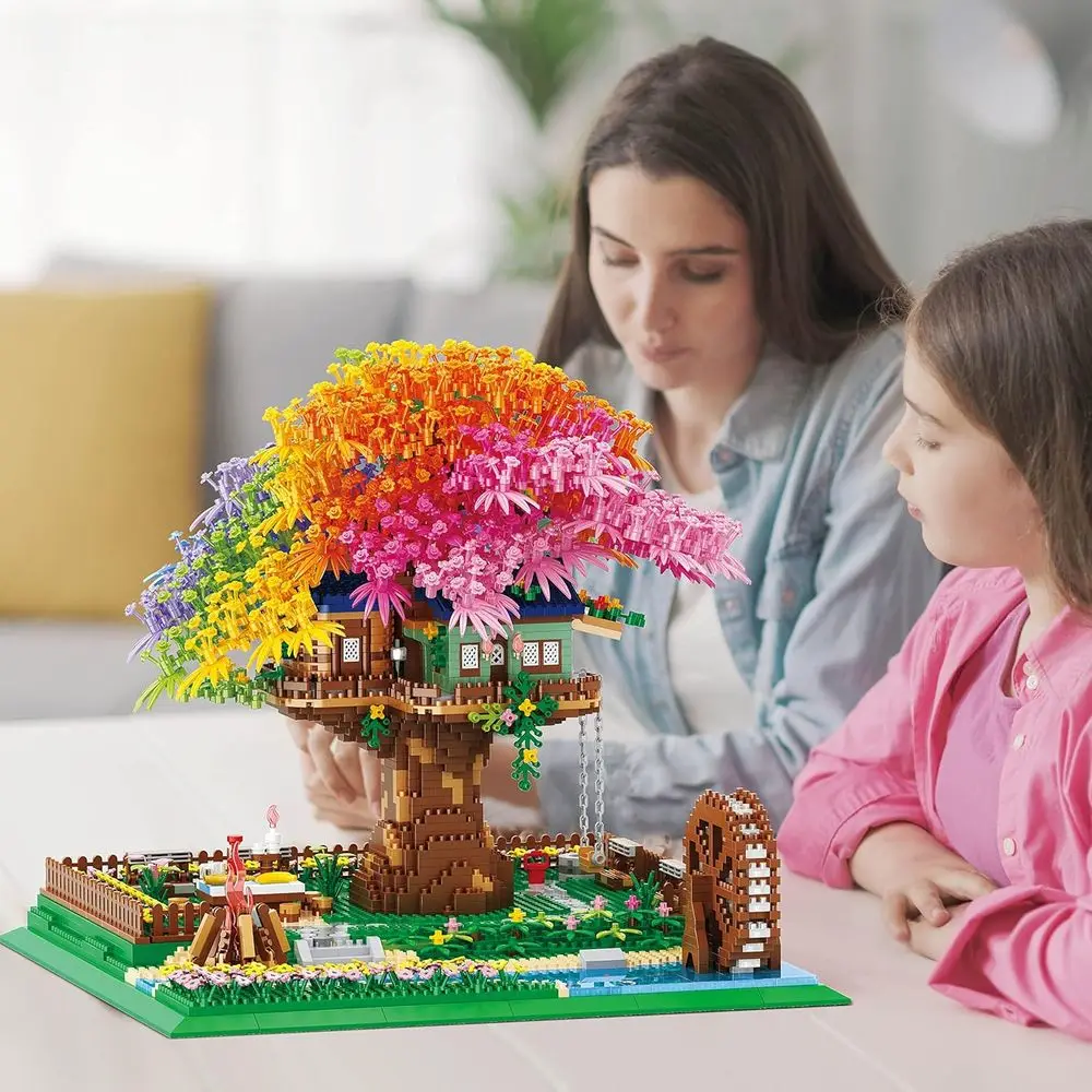 Illuminating Rainbow Flower Building Blocks and 4451-Piece Cherry Blossom Bonsai Tree Architecture Kit for Adults