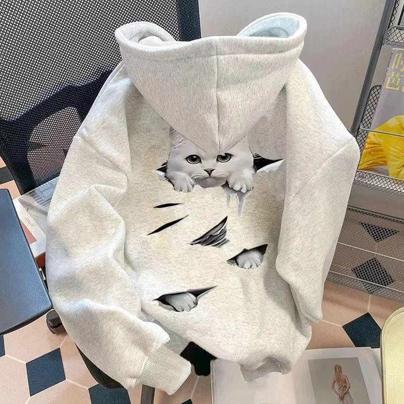 Cute Cat Thick Hoodies Women Fall Winter Warm Loose Long Sleeve Soft Tops Coats Vintage Lady Casual Preppy Style Kawaii Pullover