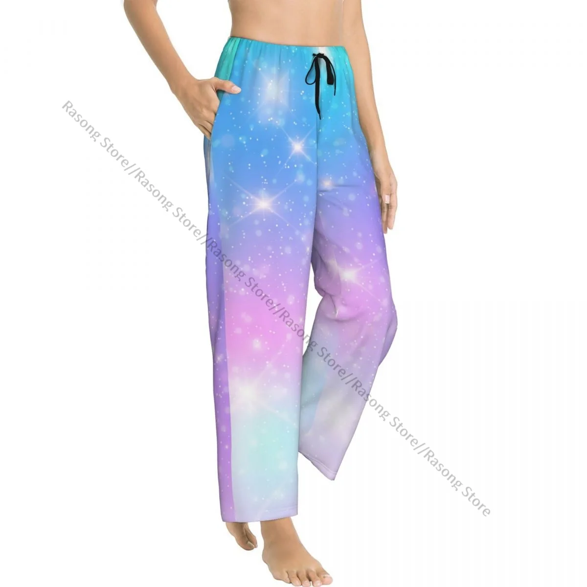 Warm Women Pajama Pants Unicorn In Pastel Sky With Rainbow Flannel Sleep Bottoms Soft Fleece Loungewear
