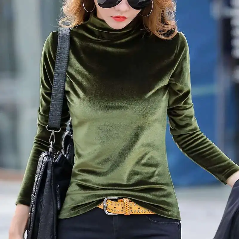 #0301 Spring Autumn Velvet T Shirt Women Half High Collar Basic T Shirt Femme Slim Long Sleeve T-shirts S-4XL Women\'s Tee Shirt