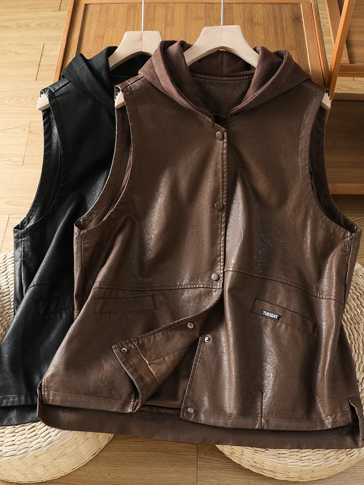 Loose Women's PU Leather Vest with Hood Fashionable Outerwear Autumn Seasonal Style Commute Wind Splice Design Regular Sleeve