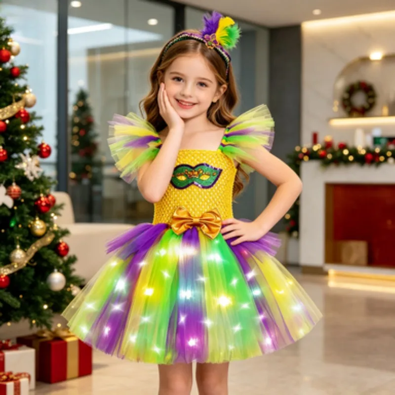 Girls' Glowing Tulle Tutu Dress, LED Light Dress for Halloween, Christmas Parties and Dances, Ideal for Kids' Gatherings