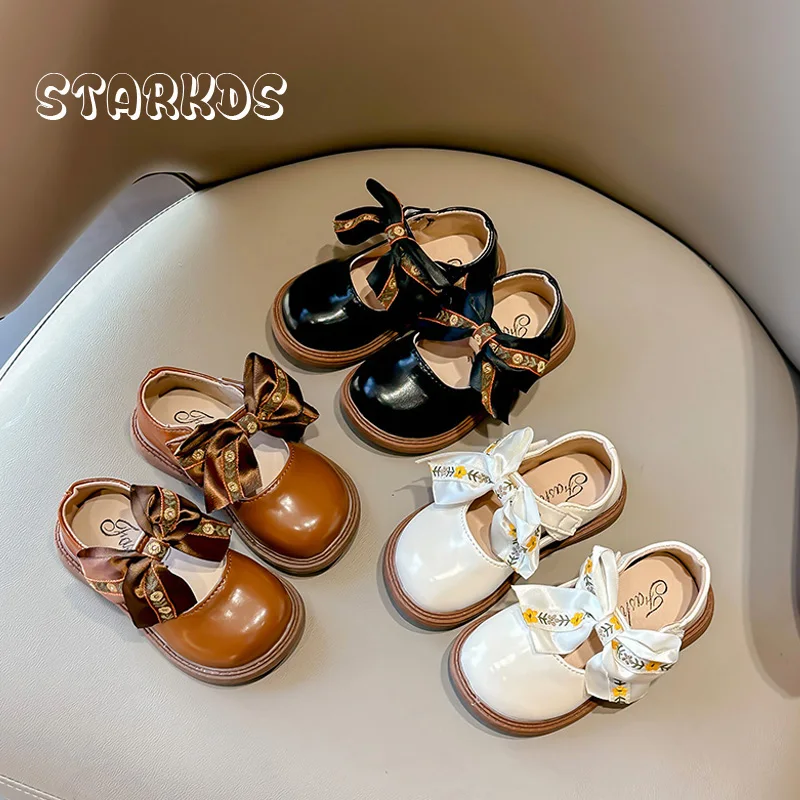 Mocassini ricamati con fiori Chic per neonate suola spessa Riband Bowknot ballerine Toddler Kids Retro scarpe in pelle con punta tonda