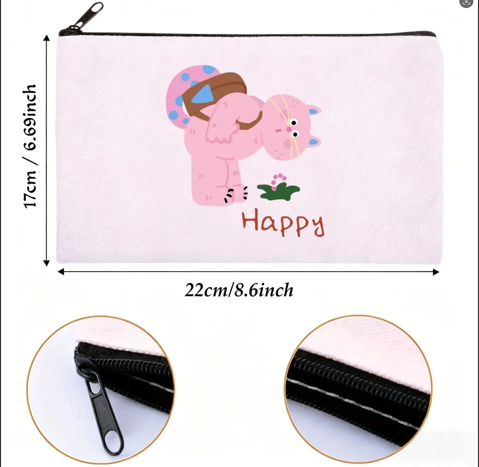1PC Cute Happy Pink Cat Canvas Pouch Multi-functional Zipper Storage Bag