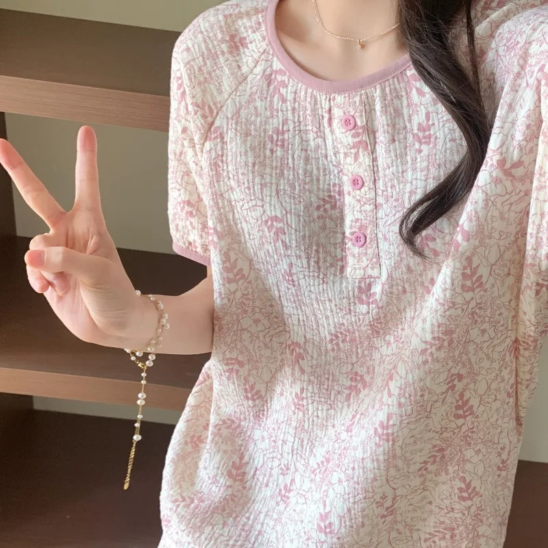 

Flroal Sleepwear Women Pajama Sets Summer Piiama Korean Sets for Women 2 Pieces Home Suit Pink Cute Night Wears Button Pyjamas