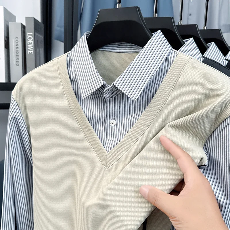 

Spring Autumn New Men's Lapel Fake Two Piece Long Sleeve T-Shirt High Quality Contrast Color Stripe Fashion Business Menswear