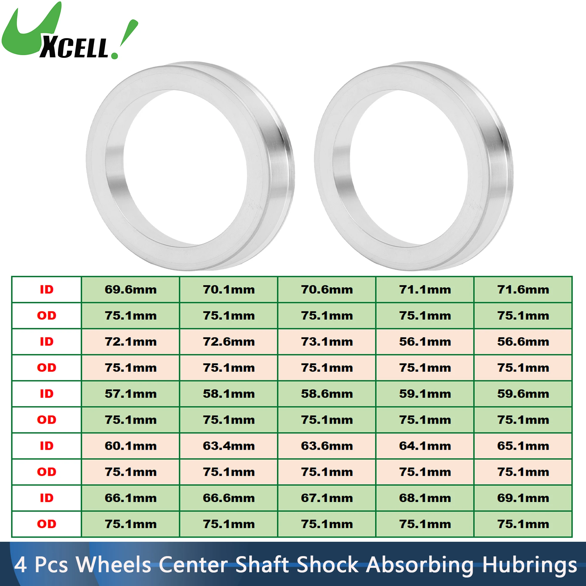 UXCELL 4pcs Car Wheel Hub Centric Rings OD 75.1mm to ID 56.6/64.1/66.6/70.6/72.6/73.1mm Wheels Center Shaft Shock Hubrings