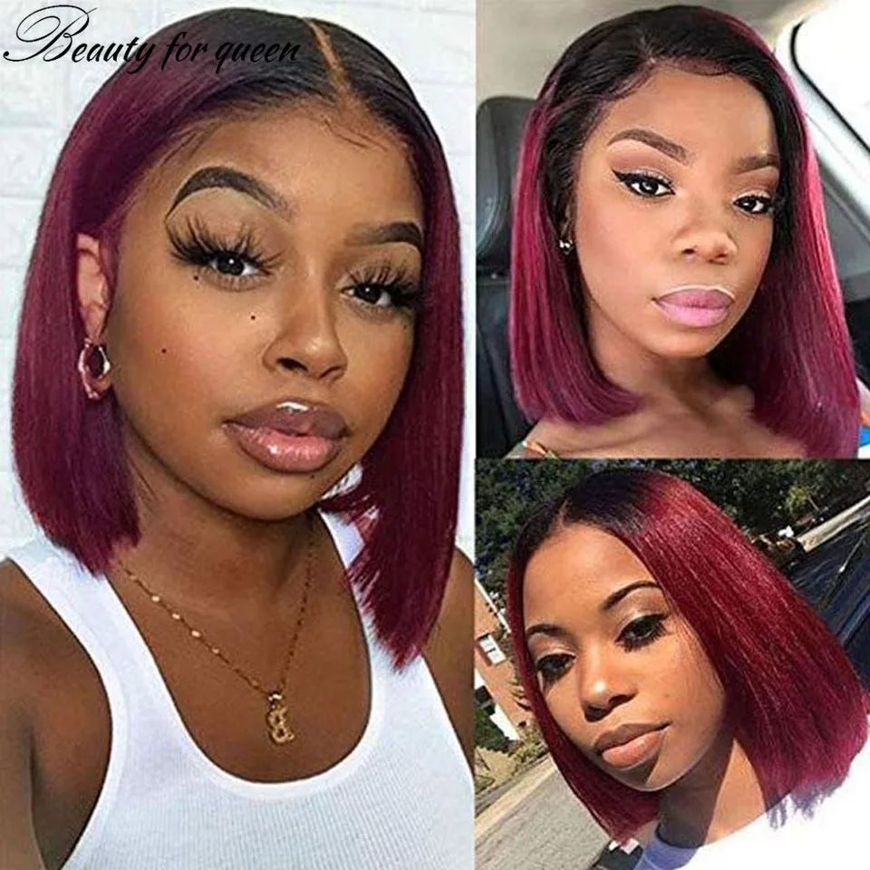 180% Bob Bone Straight 13x4 Lace Frontal Human Hair Wigs For Women 1B/99J Highlight Wig Human Hair Wig Straight Short Bob Wig