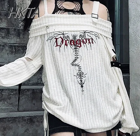 

Japanese Style Dark Asian Culture Embroidered Rivets Long Sleeve Top Y2K Loose Off-Shoulder Knitwear T-shirt Women's T Shirt